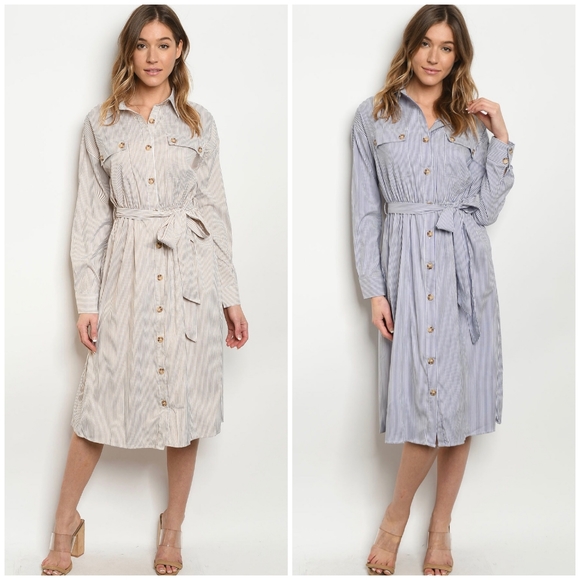 LAST ONE❗ESSUE Taupe Pinstripes Long Midi Shirt Dress - Picture 6 of 7